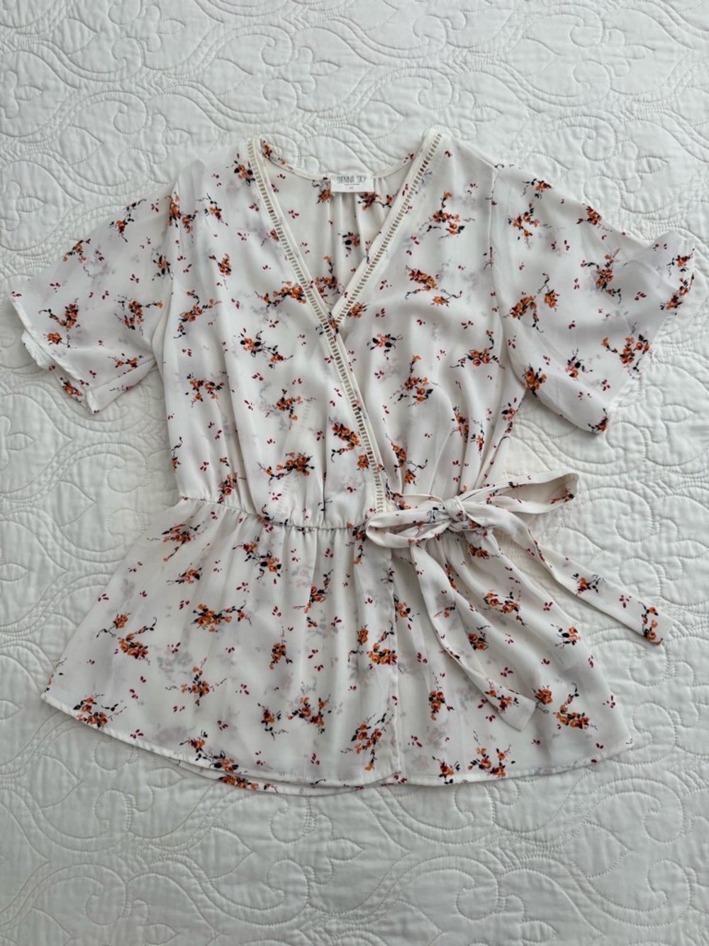 Floral Wrap Peplum Blouse in Soft White with Orange Blooms